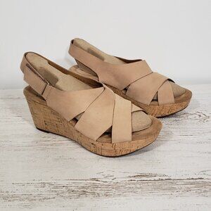 Clarks Artisan Taupe Cork Heel Wedge Platform Sandals Women's Size 10 Bohemian